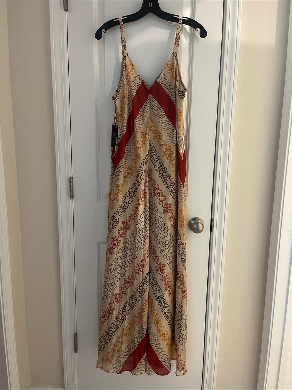 Vince Camuto Beige Maxi Dress with Red and Gold Chevron Accent